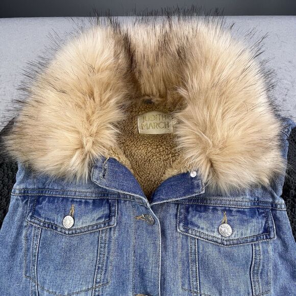 Judith March Jean Jacket Womens L Blue Denim Knit Sleeves Faux Fur Collar - Picture 4 of 11